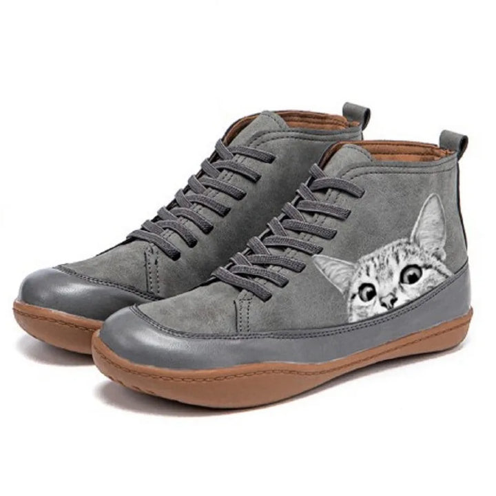 Eleanor - Leather Ankle Boots with Cat Motif