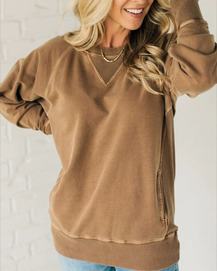 Paula - Ribbed Accent Pocketed Pullover